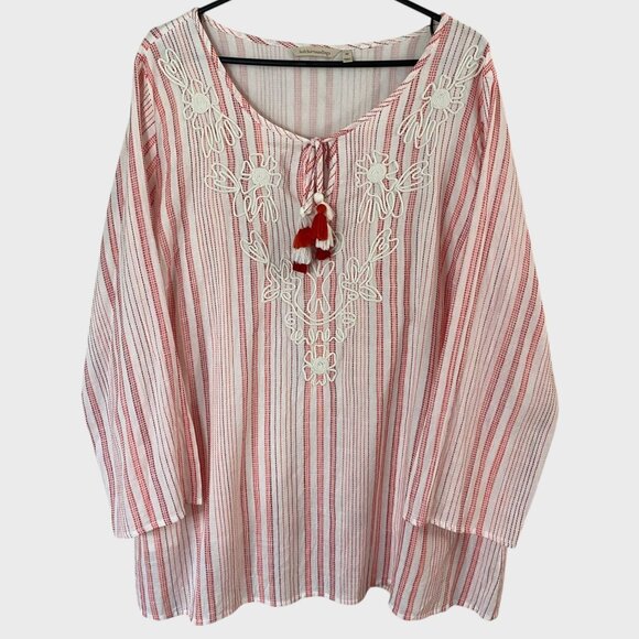 Soft Surroundings Embroidered Stripe Tunic Tassel Top Women's 2X Red & White - Picture 1 of 13